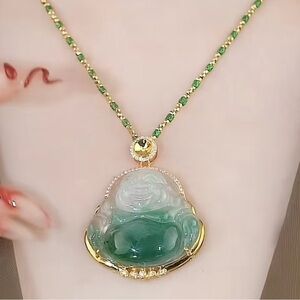 Elegant Green and Gold Maitreya Pendant Necklace